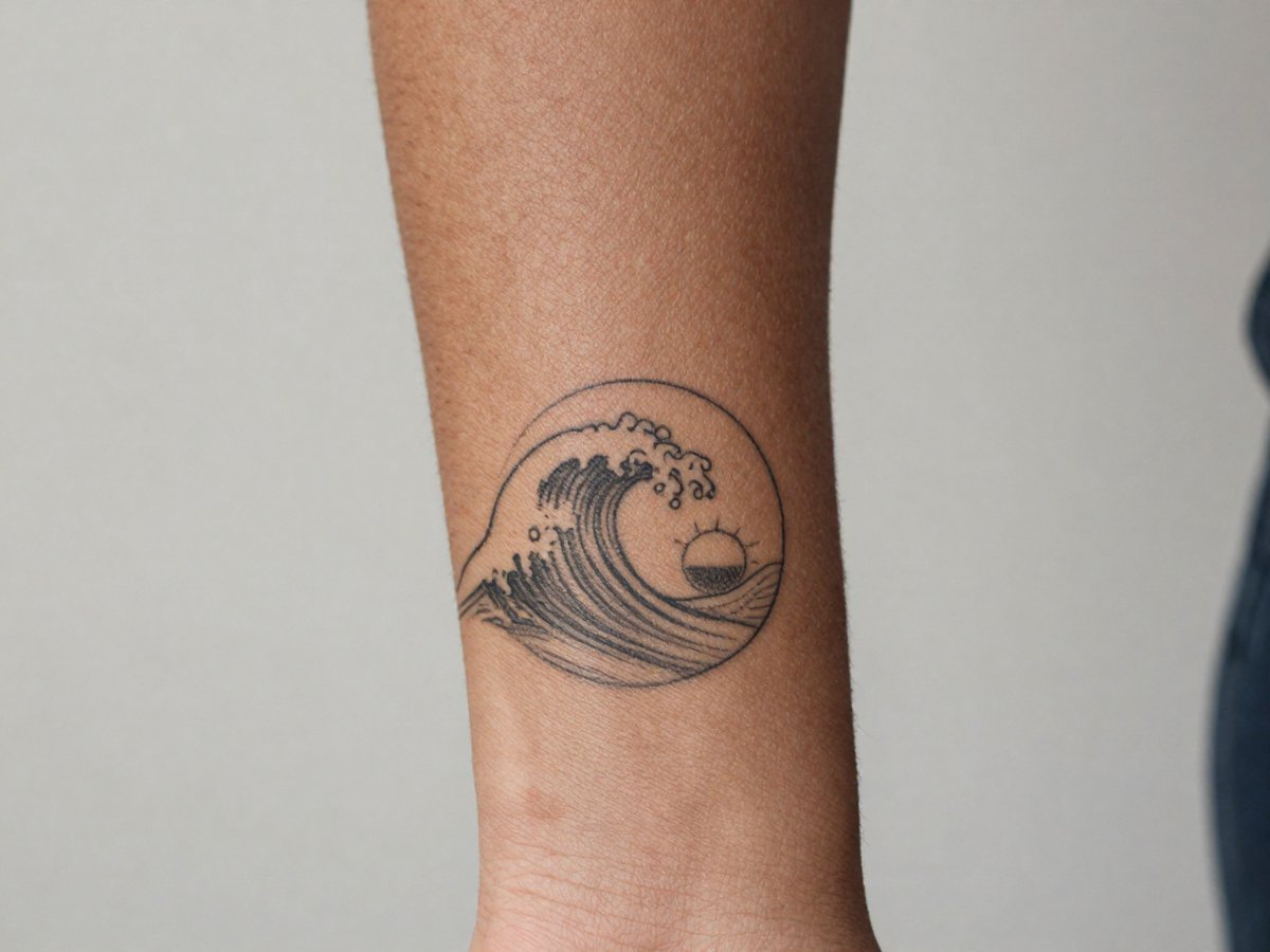 Wave and a small sun inside a thin circle tattoo on the inner forearm