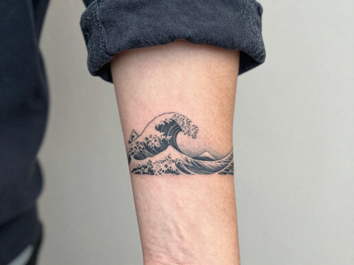 Wave with mountains behind it in a horizontal design tattoo on the outer forearm