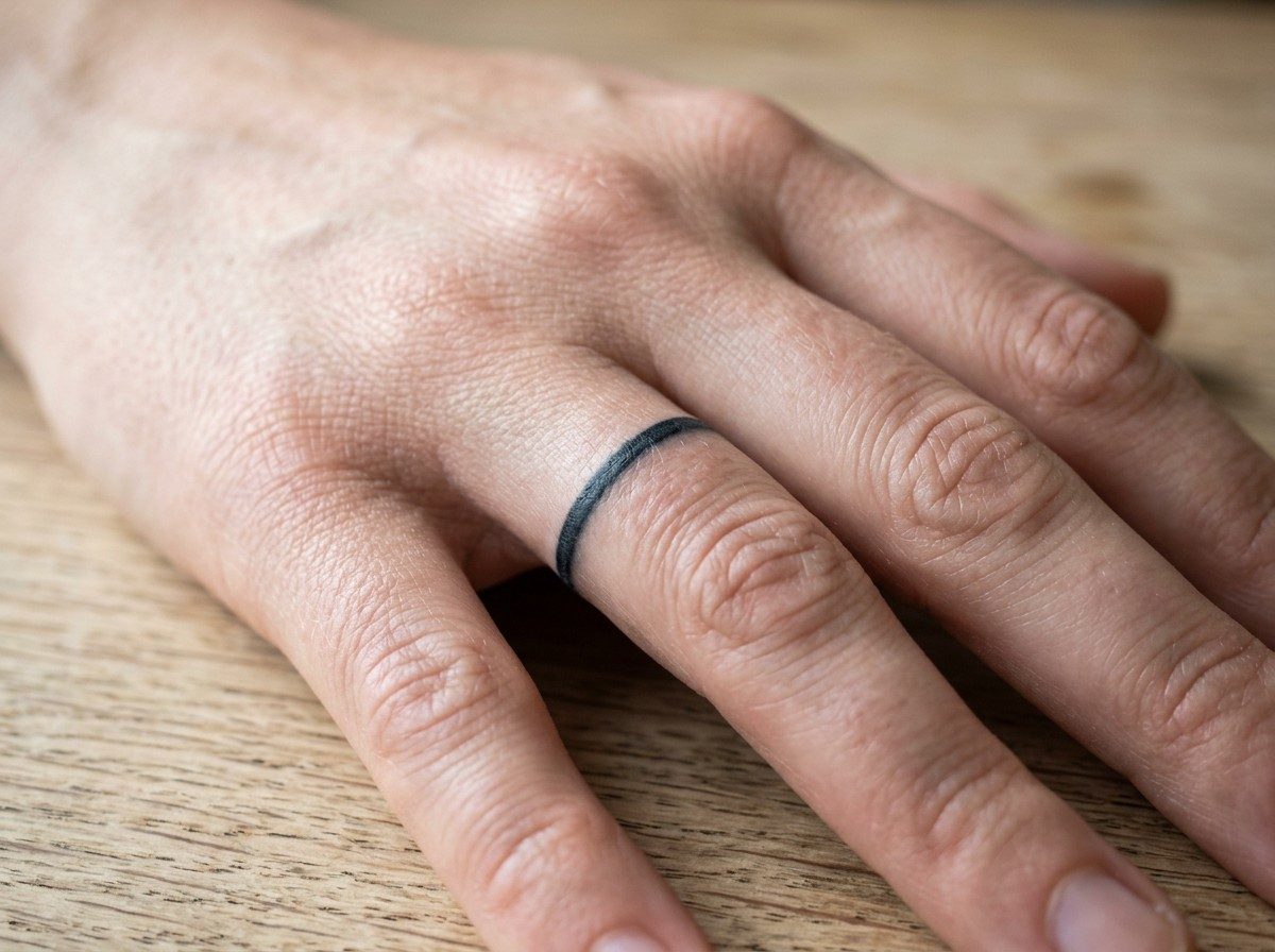 Wedding ring tattoo ideas: simple solid band on the ring finger