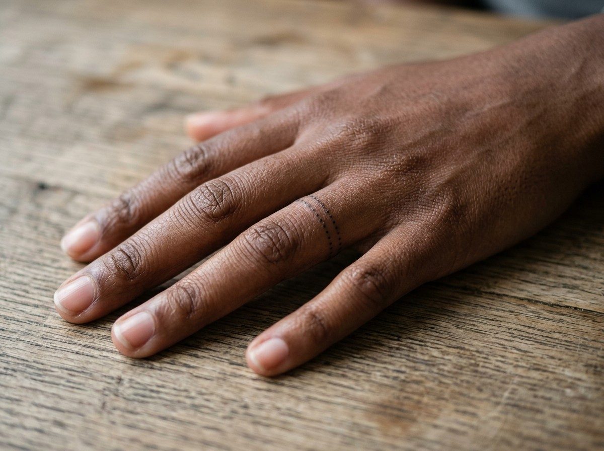 Wedding ring tattoo ideas: dotted band on the ring finger