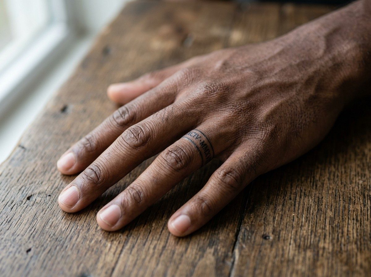 Wedding ring tattoo ideas: wedding date band on the ring finger