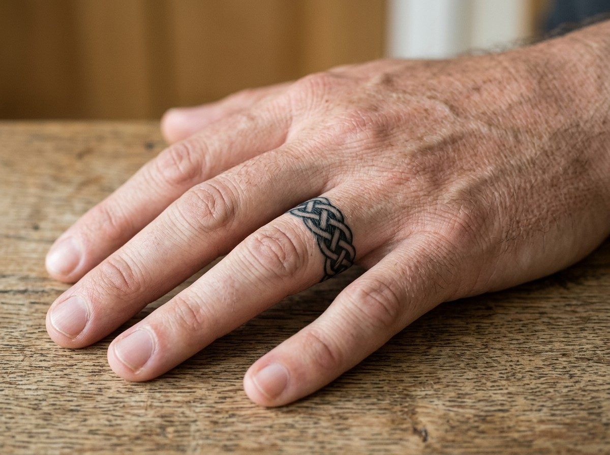 Wedding ring tattoo ideas: celtic knot band on the ring finger