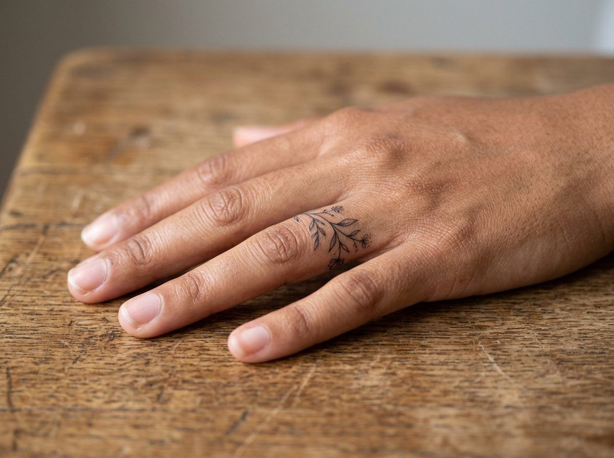 Wedding ring tattoo ideas: floral vine band on the ring finger
