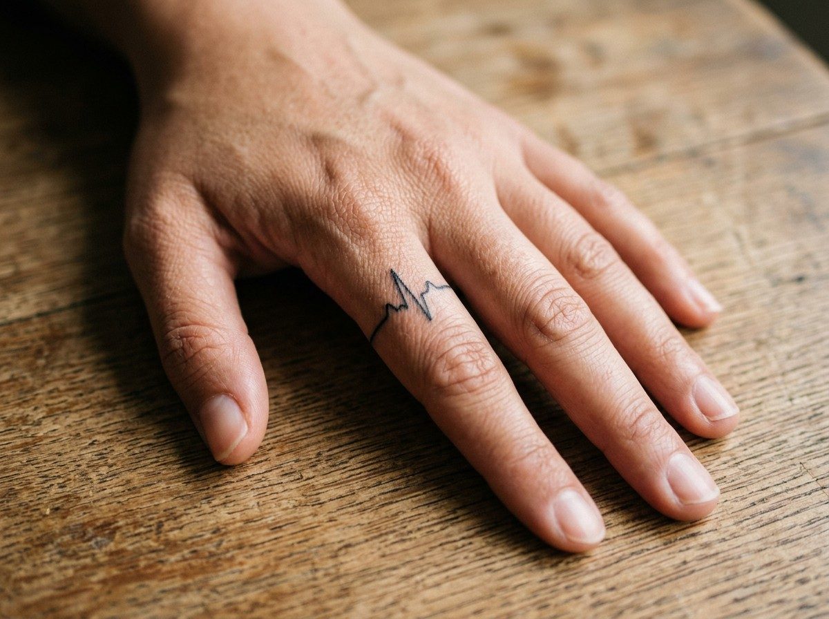 Wedding ring tattoo ideas: heartbeat band on the ring finger