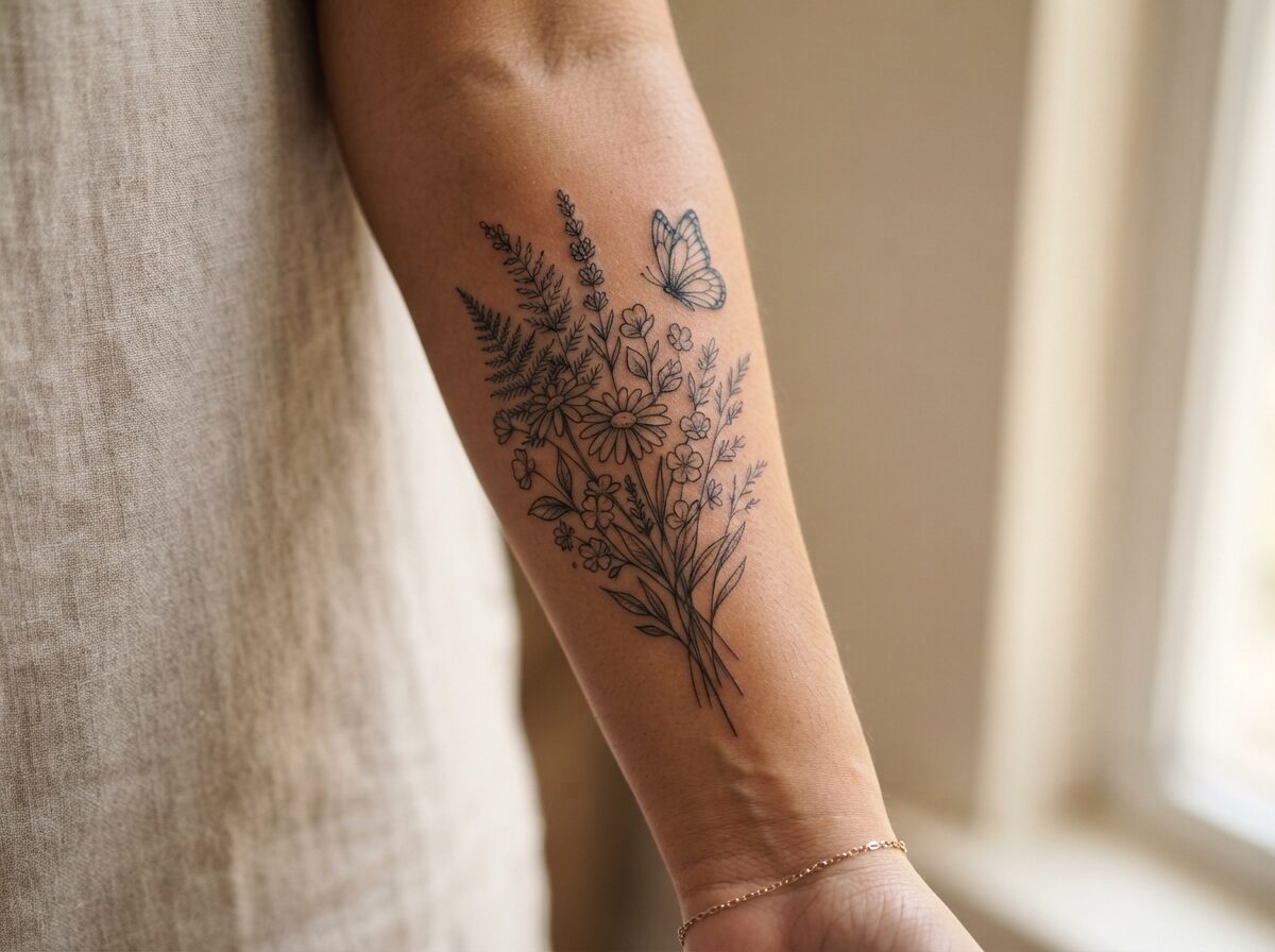 A fine line wildflower bouquet with a butterfly on the inner forearm