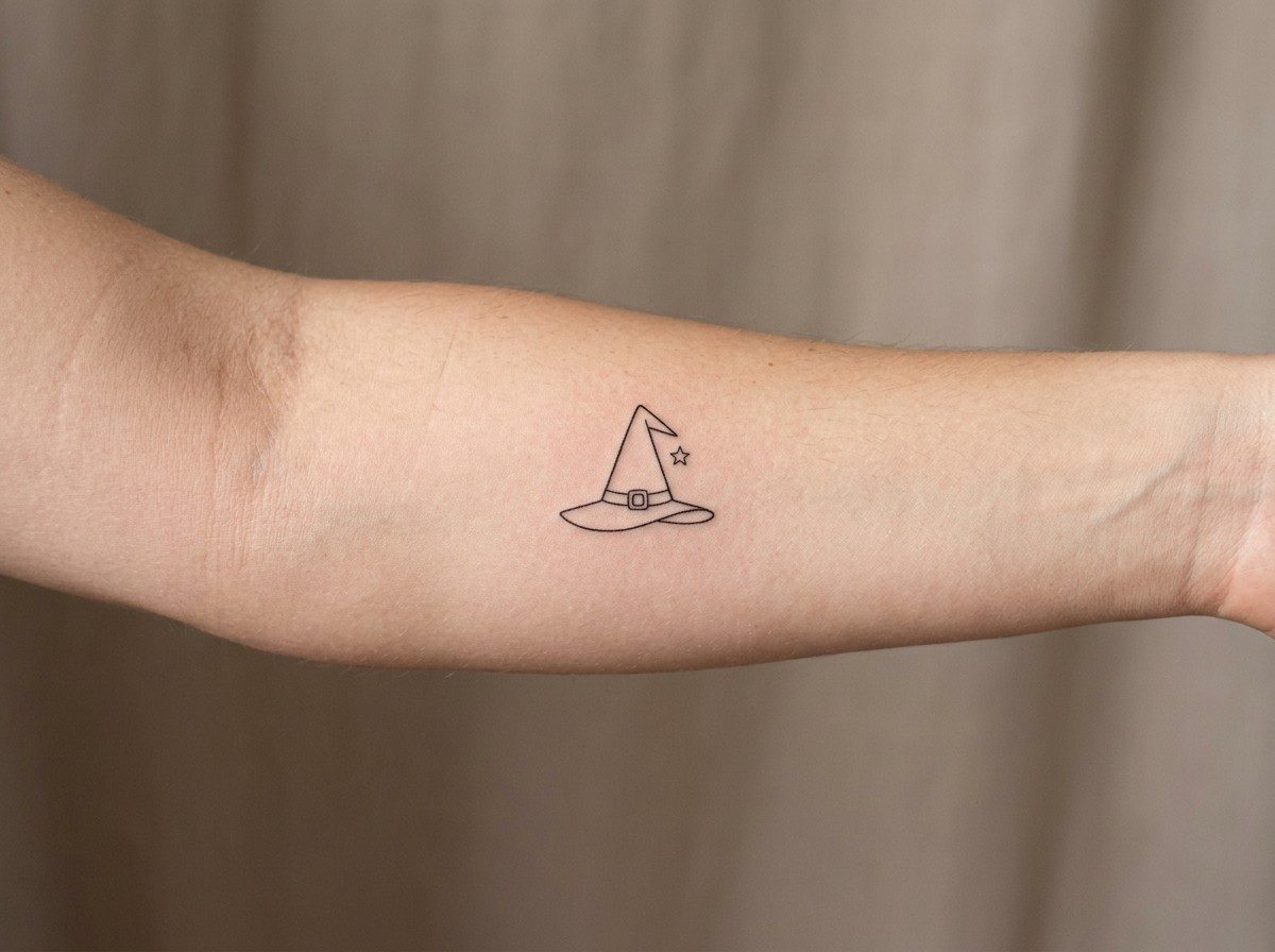 Witch tattoo: witch hat on the inner forearm