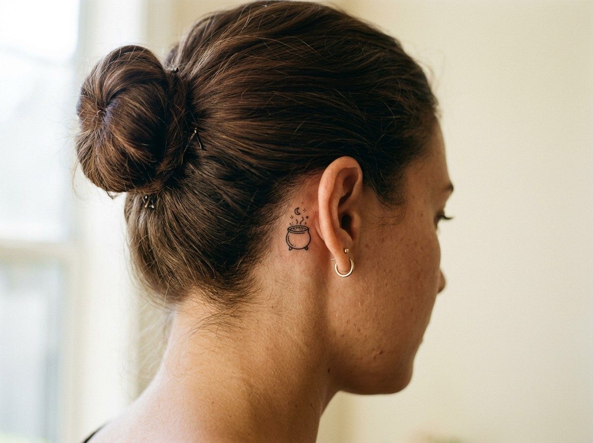 Witch tattoo: tiny cauldron behind the ear