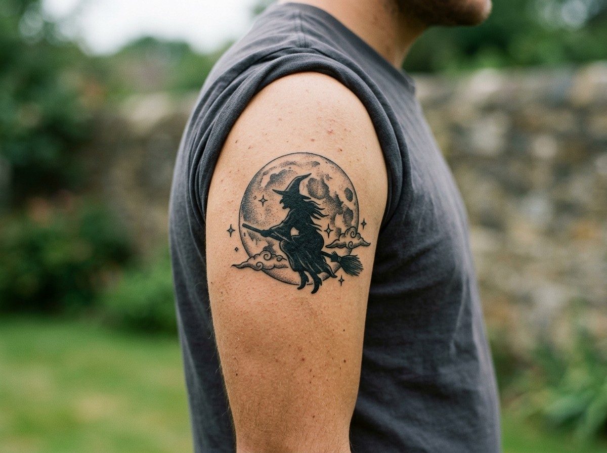 Witch tattoo: witch on a broom across the moon on the upper arm