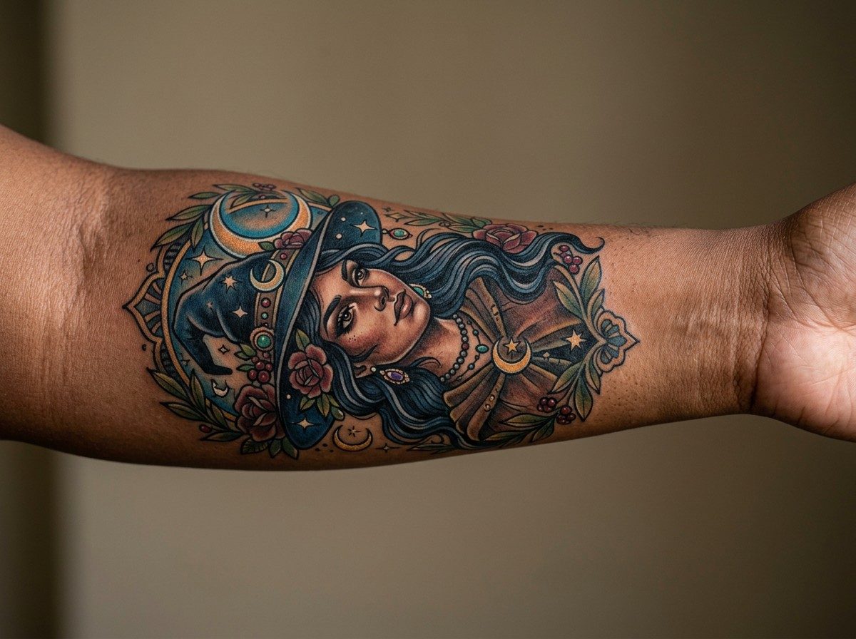 Witch tattoo: neo traditional witch portrait on the outer forearm