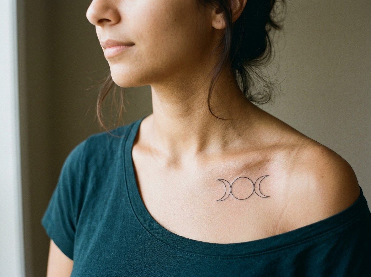 Witch tattoo: triple moon on the collarbone