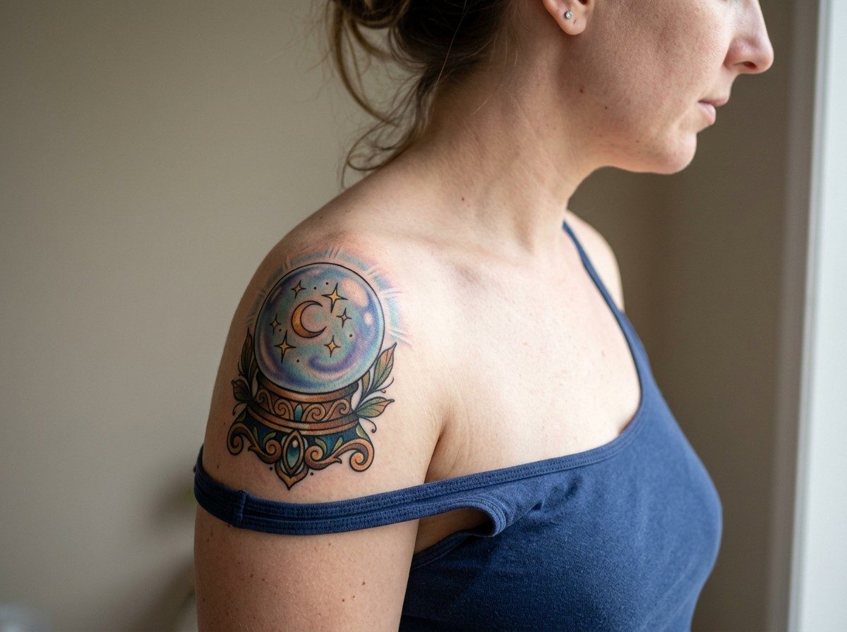 Witch tattoo: crystal ball on the shoulder