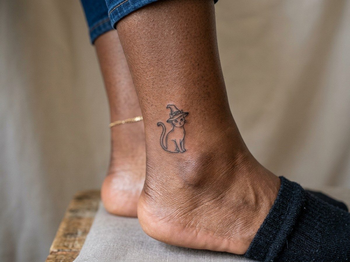 Witch tattoo: black cat familiar on the ankle