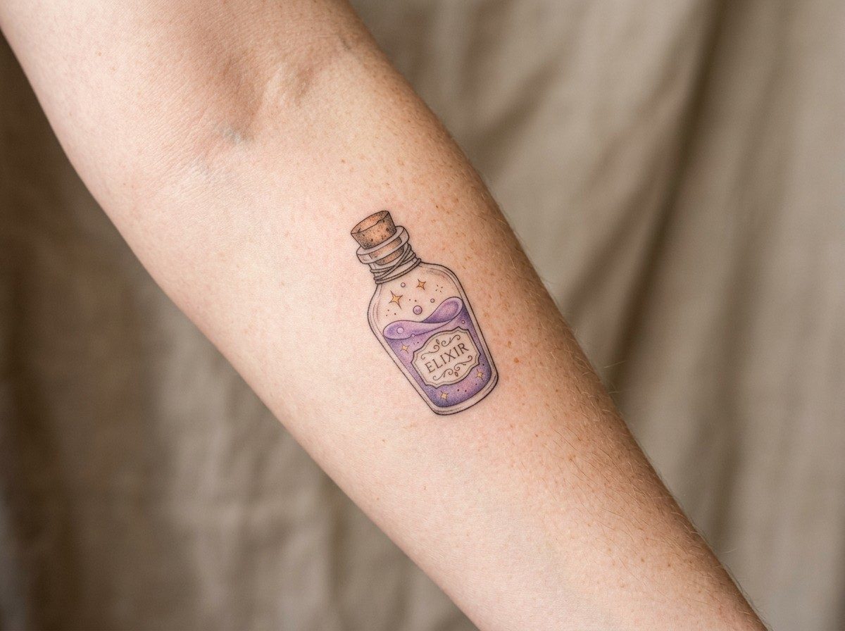 Witch tattoo: potion bottle on the outer forearm