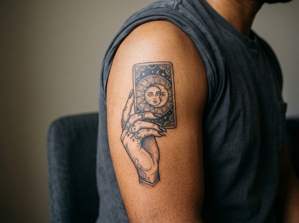 Witch tattoo: witch hand with tarot card on the upper arm