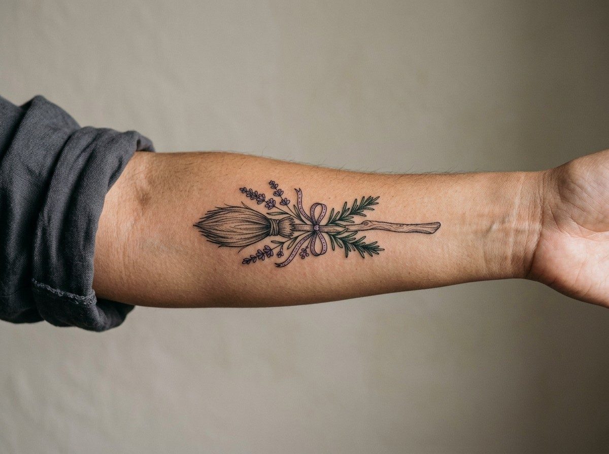 Witch tattoo: broomstick and herbs on the inner forearm