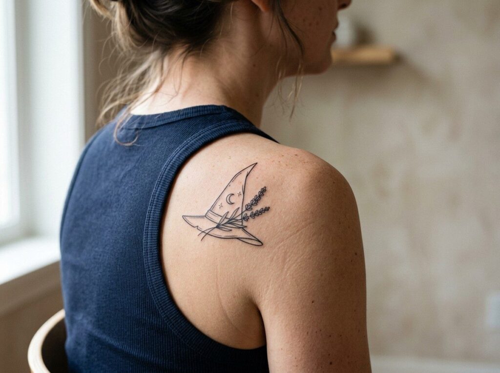 Witch tattoo: witch hat with moon and stars on the shoulder