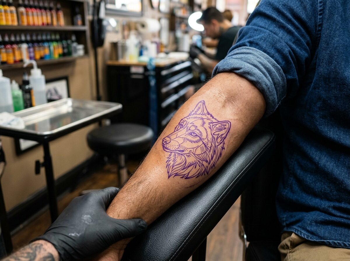 Wolf head tattoo stencil on a man's forearm
